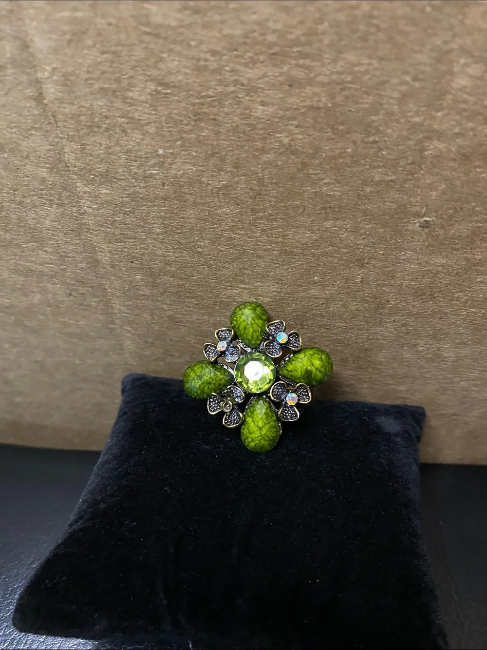Vintage Green Floral Crystal Adjustable Statement Ring